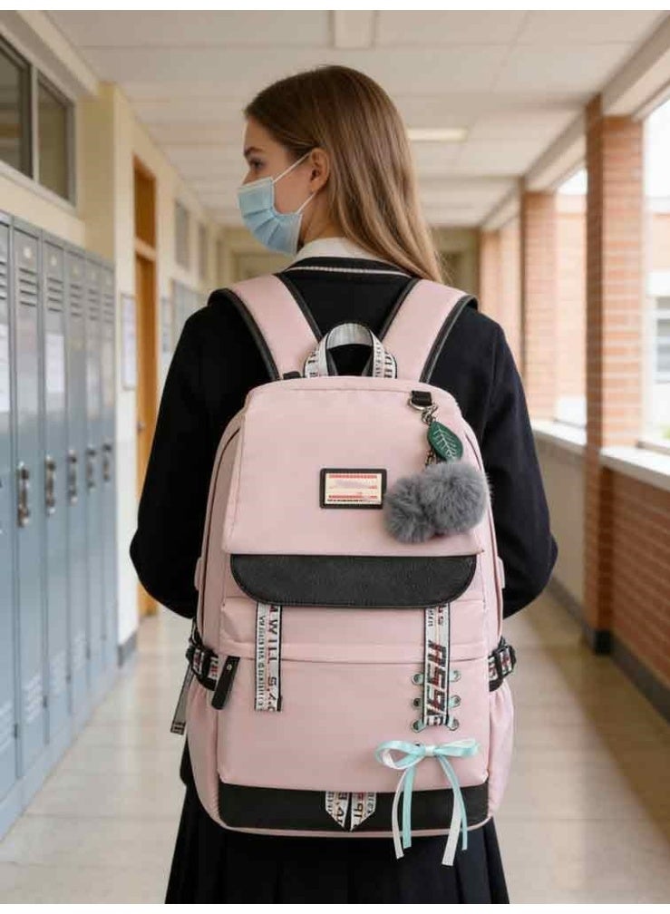 حقيبة ظهر لطيفة للأطفال بسعة 22 لترًا مع زخرفة بوم بوم حقيبة ظهر مدرسية خفيفة الوزن ومقاومة للماء للمراهقين حقيبة ظهر أنيقة وعصرية مع أحزمة قابلة للتعديل وجيوب متعددة للسفر باللون الوردي - Image 1